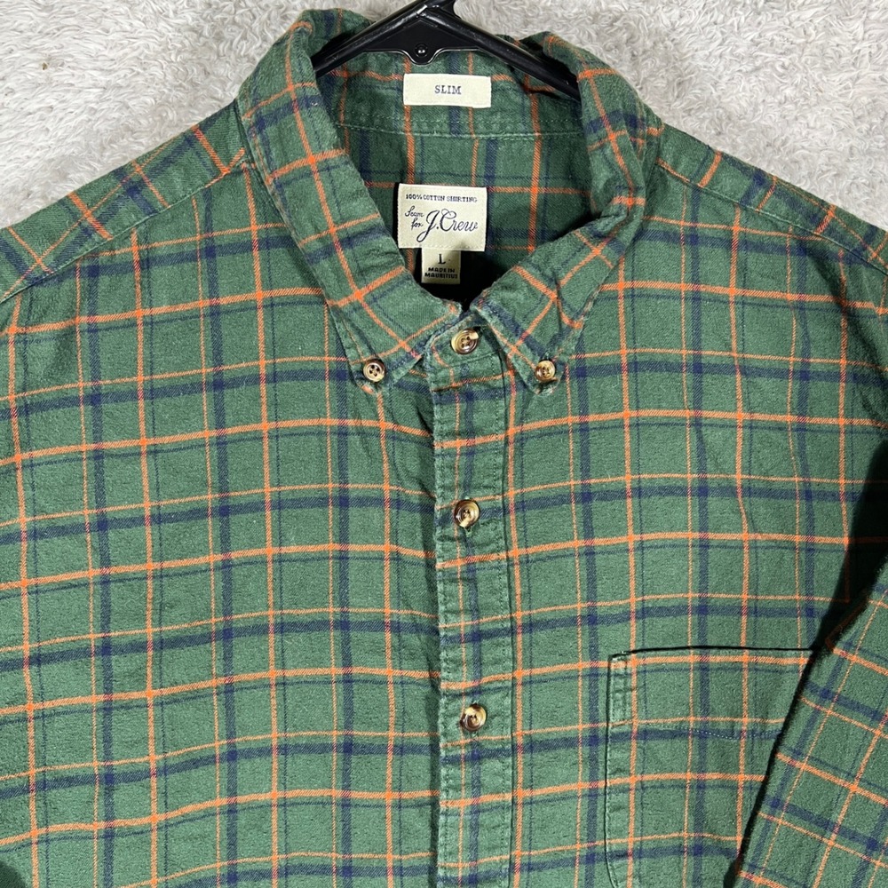 J.Crew Mens Slim Fit Flannel Shirt Green Orange Plaid Cotton Button Down Large